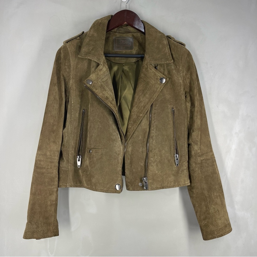 SL8 Blank Nyc Women's Green olive Suede Leather Moto Jacket Asymmetric Crop SZ M - Picture 5 of 13